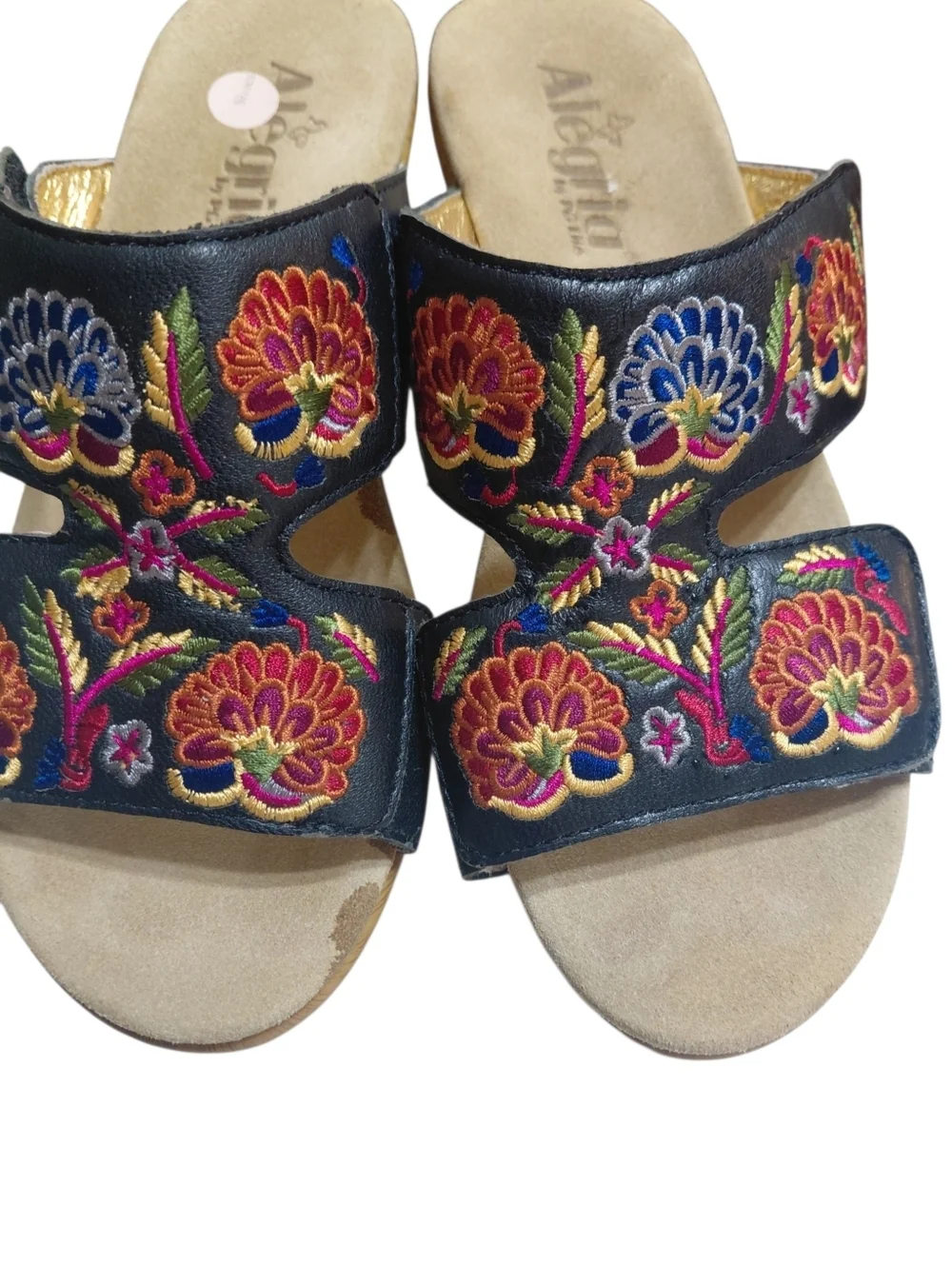 Alegria Linn Black Embroidered Floral Wedge Sandals Size 7